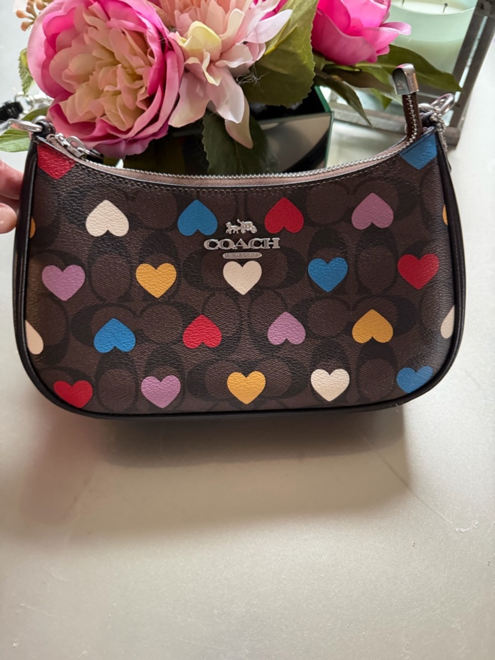 COACH Outlet Brown Signature Heart Print Shoulder Bag with Multicolor Hearts